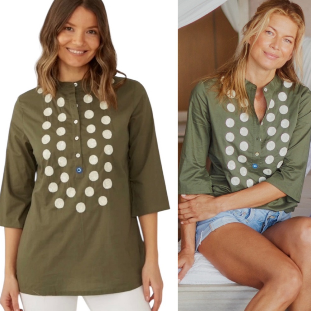 Figue x India Hicks Jasmine Military Olive Green & Cream Sequin Tunic Top - M